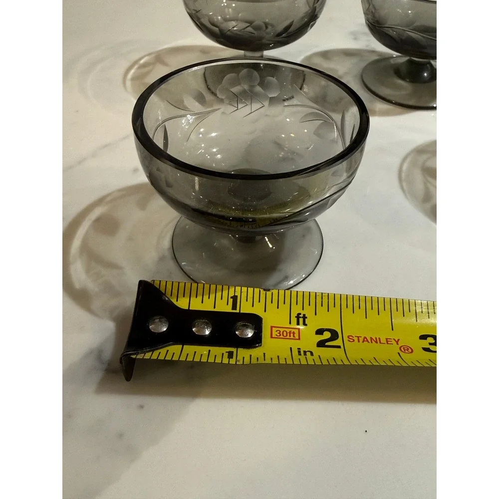 Vintage Smoky Gray Etched Glass Decanter Set with 5 Cordial Glasses Floral